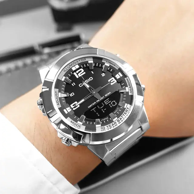 CASIO Analogue Digital Men's Stainless Steel Watch | Dual Time Quartz Wrist Watch | Water Resistant | LED Light | Alarm | Silver