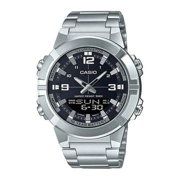 CASIO Analogue Digital Men's Stainless Steel Watch | Dual Time Quartz Wrist Watch | Water Resistant | LED Light | Alarm | Silver