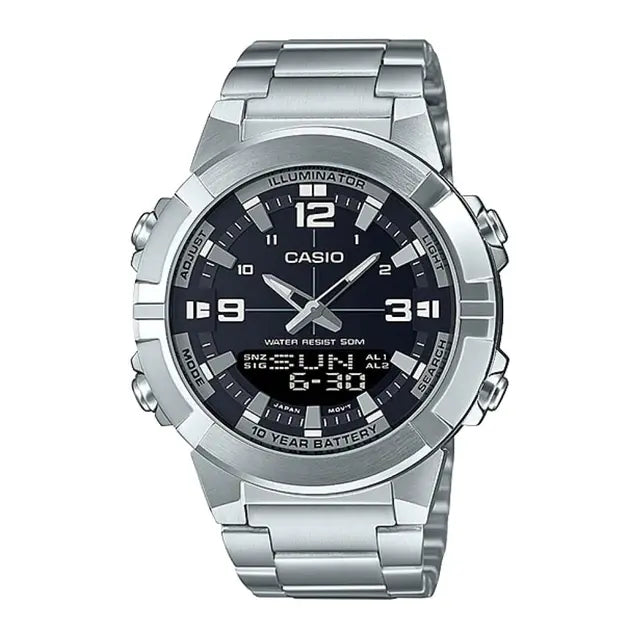 CASIO Analogue Digital Men's Stainless Steel Watch | Dual Time Quartz Wrist Watch | Water Resistant | LED Light | Alarm | Silver