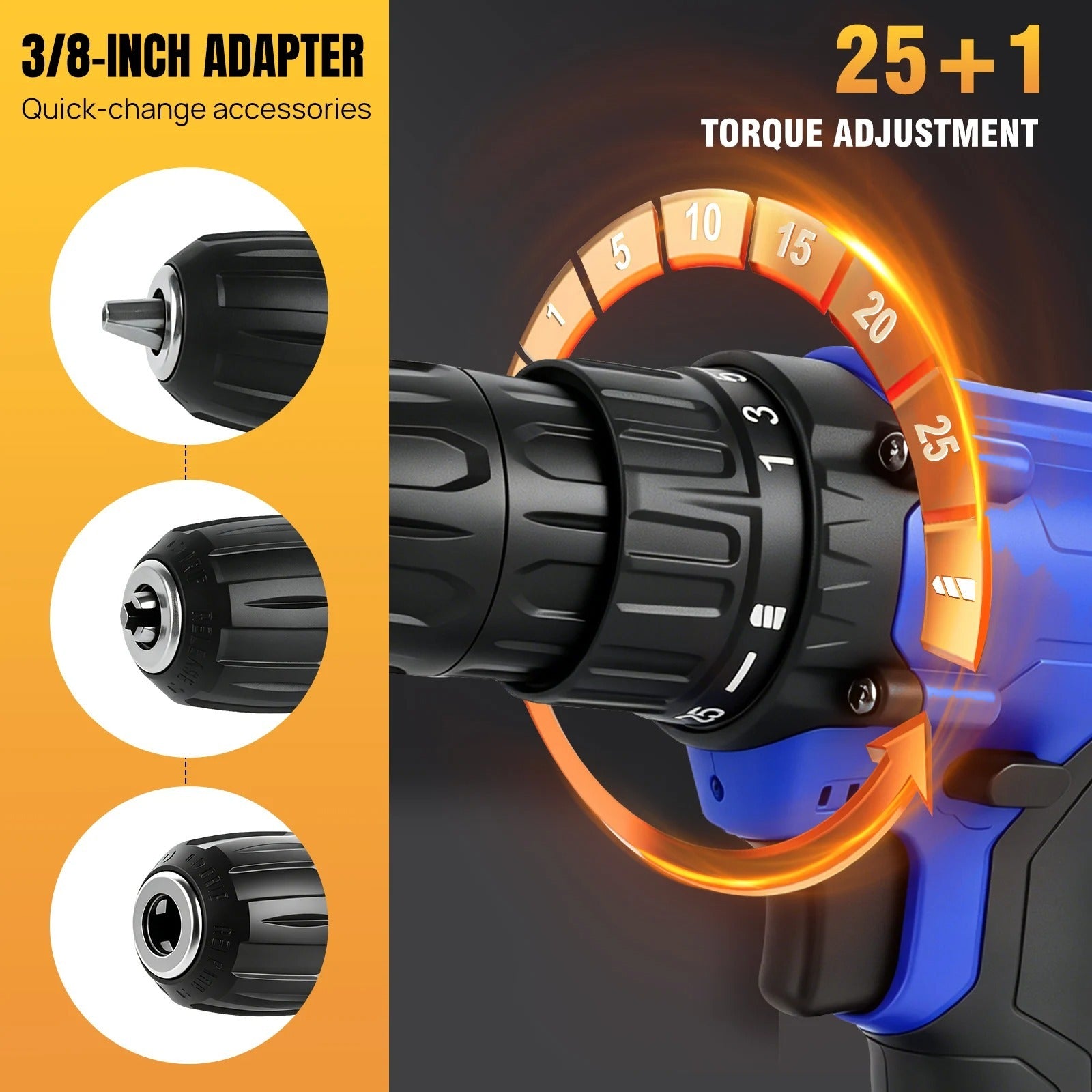 21V Cordless Drill,Electric Screwdriver Tools Kit with 25+1 Torque Setting,2 Variable Speed,29PCS Accessories,LED Work Light