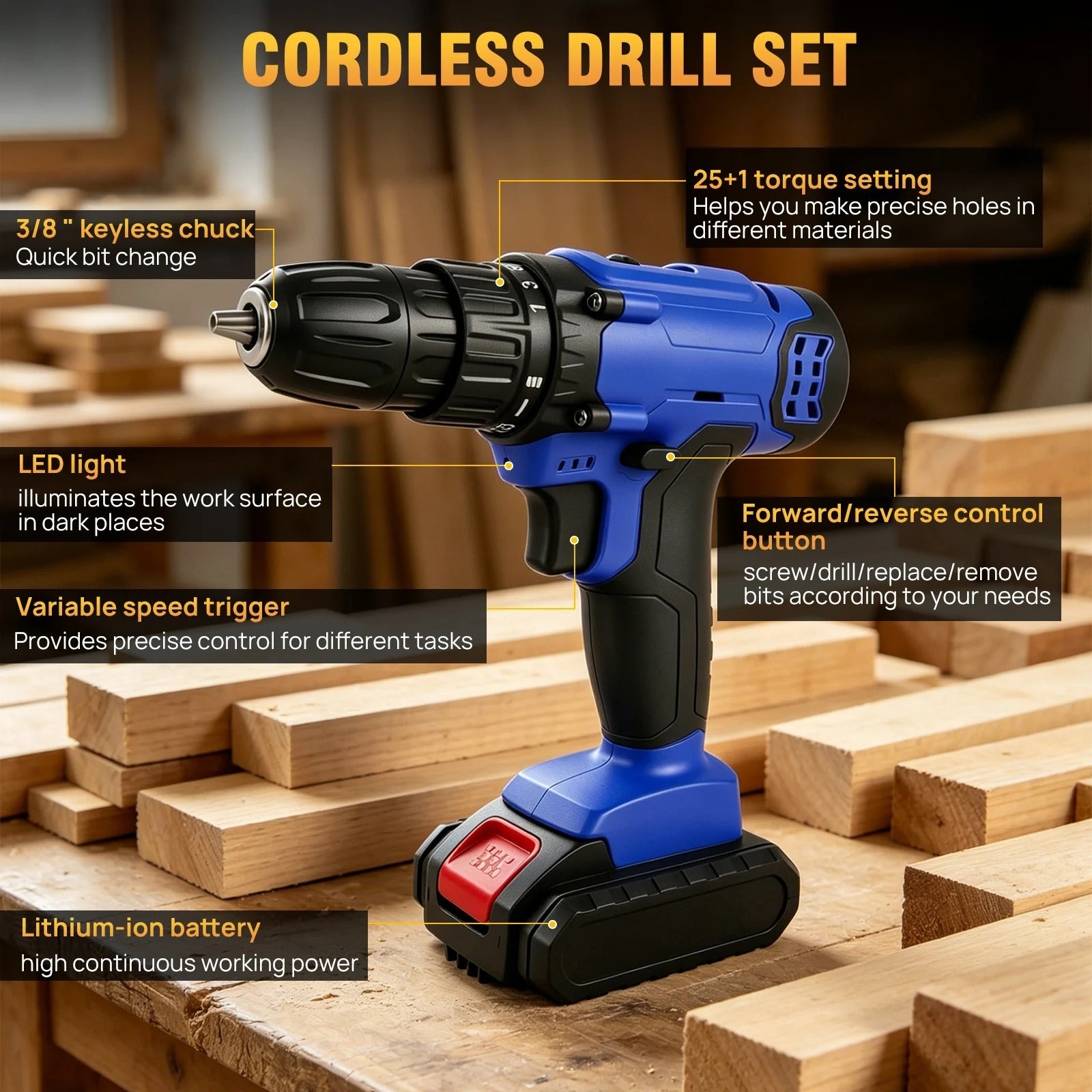21V Cordless Drill,Electric Screwdriver Tools Kit with 25+1 Torque Setting,2 Variable Speed,29PCS Accessories,LED Work Light